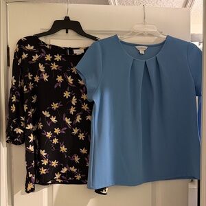 Liz Claiborne Sky Blue Pleated Short Sleeve Blouse and black flowered blouse